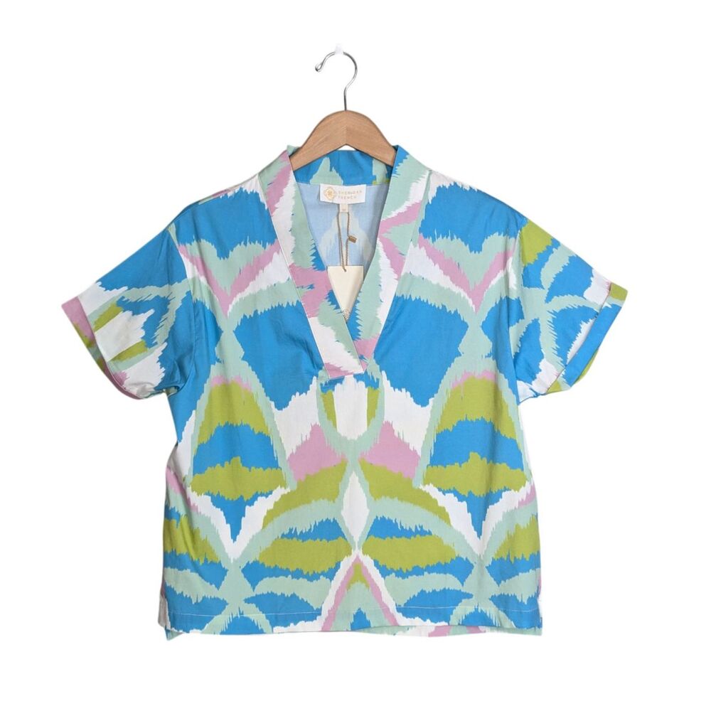 NWT Sheridan French Laurel Blouse Sz XS Short Sleeve Blue Green White Ikat Boho